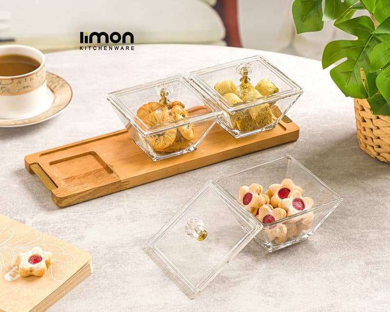 اردور خوری مربع دربدار پایه چوبی 3 عددی لیمون کد 2242 — تصویر ۲