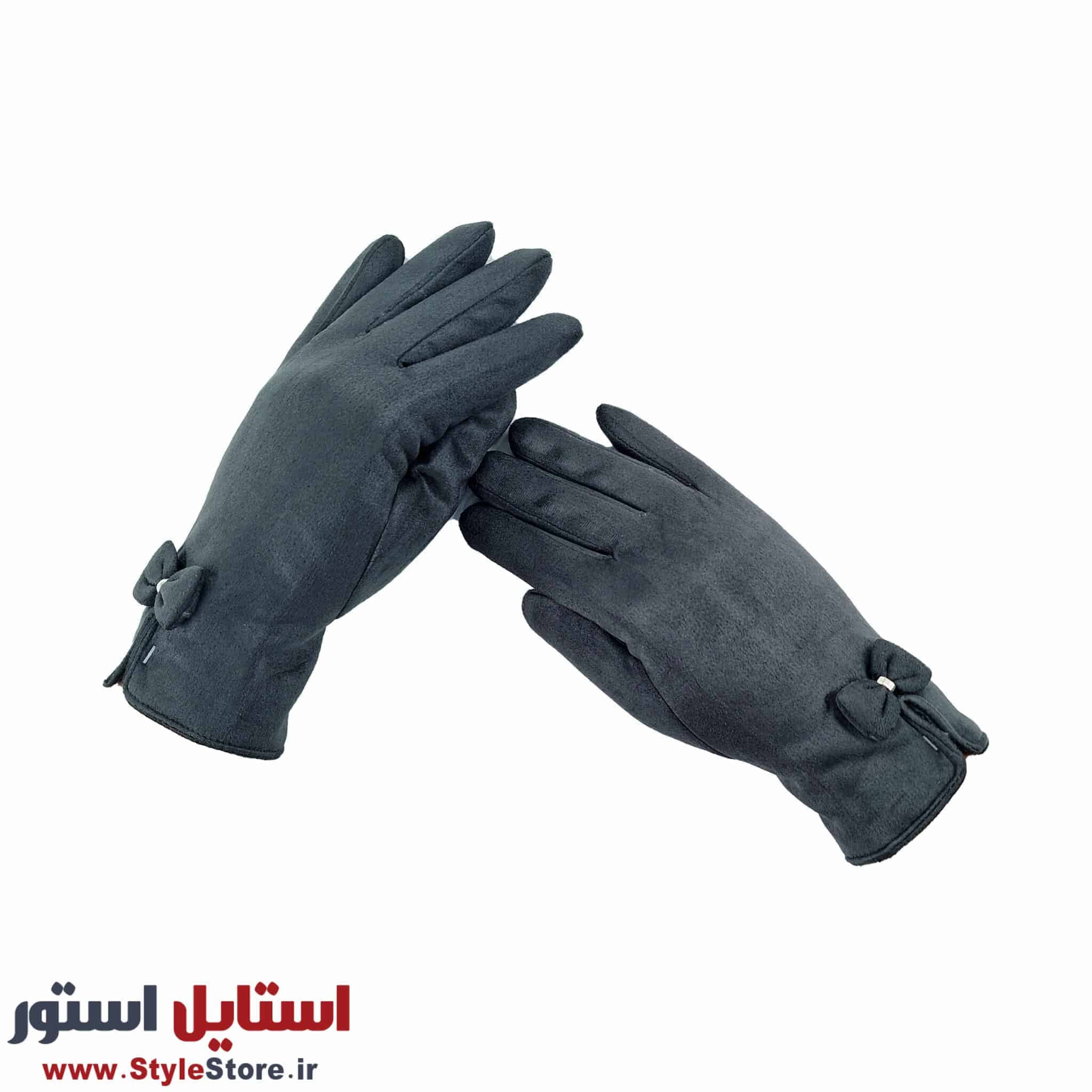 دستکش زنانه مدل جیر پاپیونی رنگ خاکستری — تصویر ۳