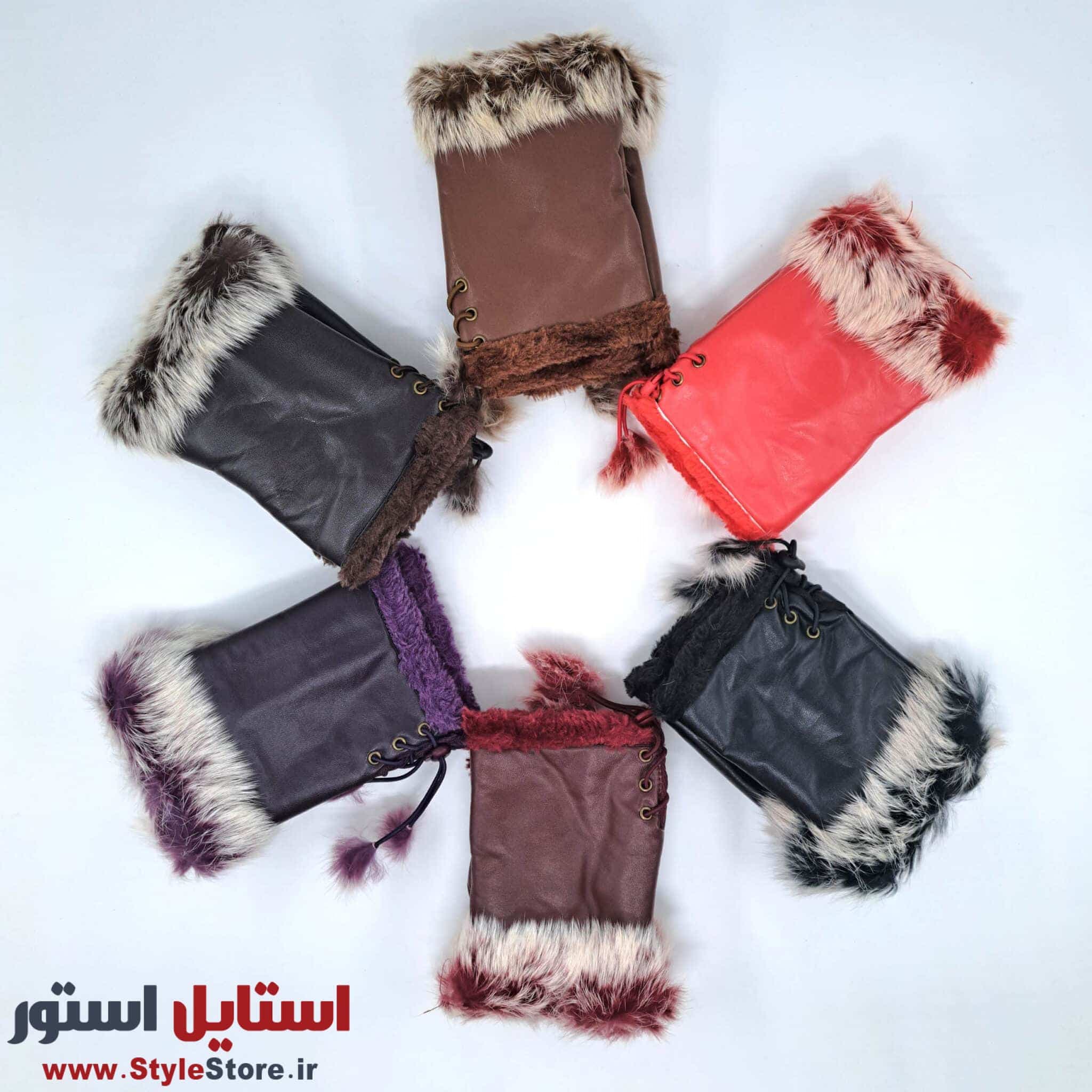 دستکش زنانه مدل نیم انگشتی خز دار کد 1063 رنگ قرمز — تصویر ۶