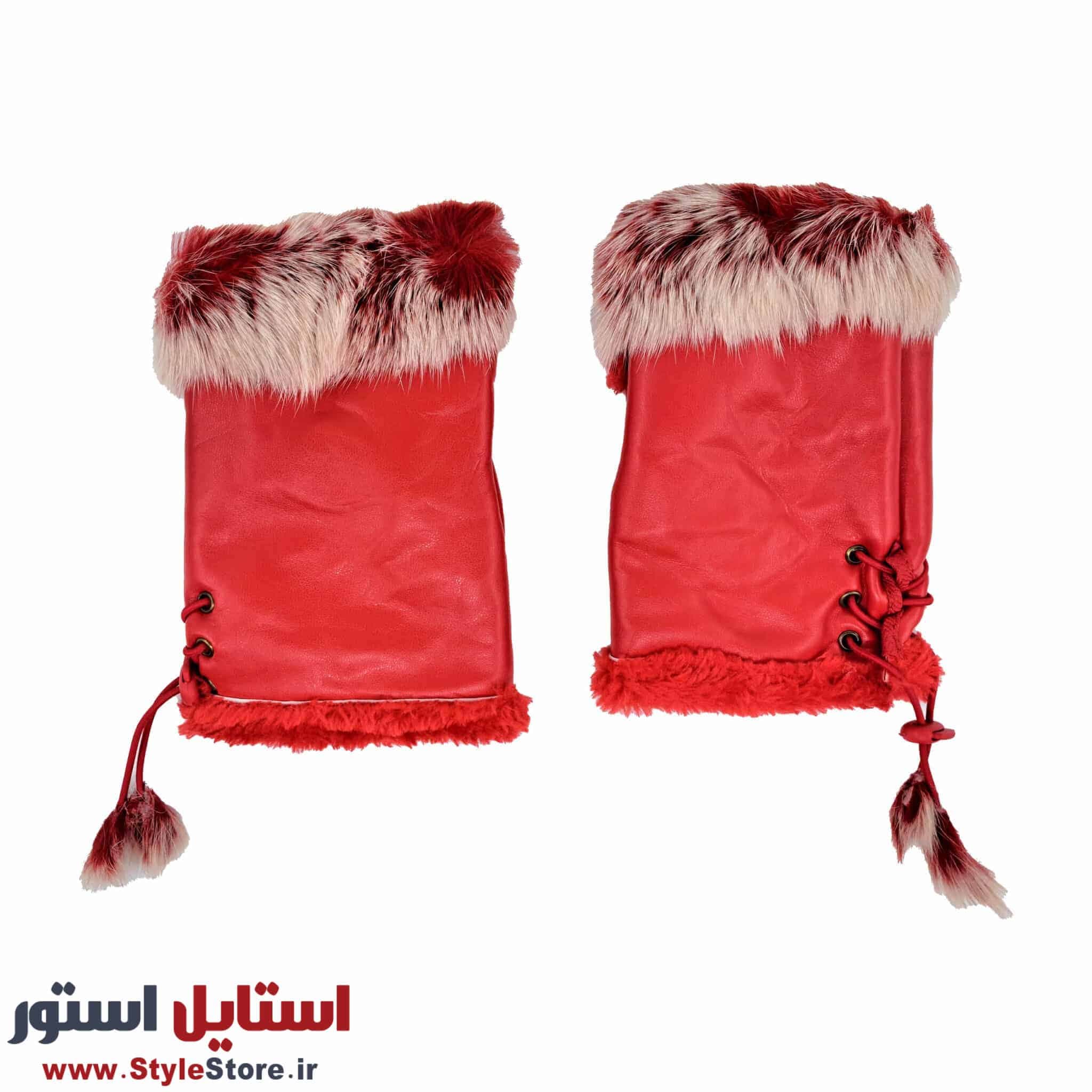 دستکش زنانه مدل نیم انگشتی خز دار کد 1063 رنگ قرمز