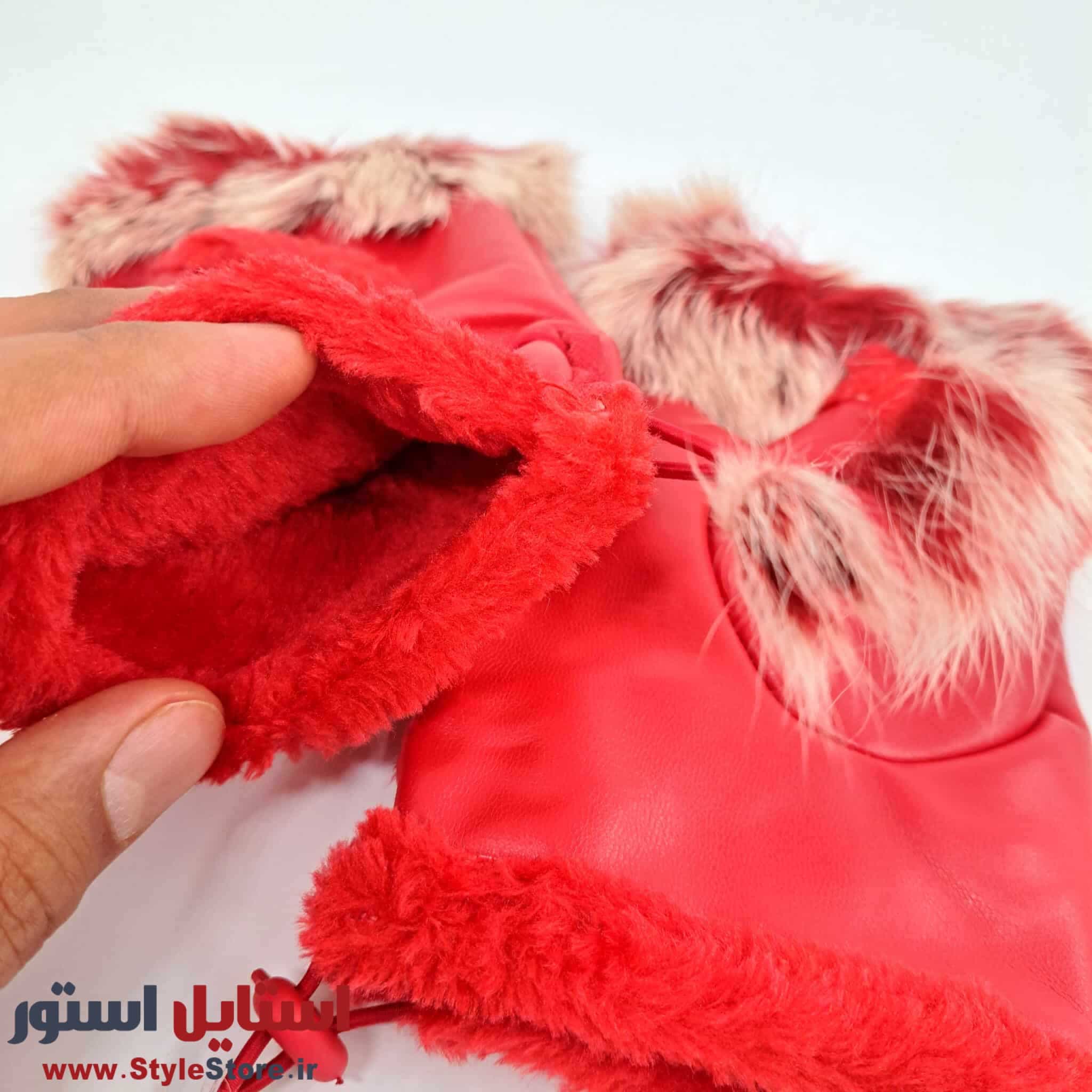 دستکش زنانه مدل نیم انگشتی خز دار کد 1063 رنگ قرمز — تصویر ۵