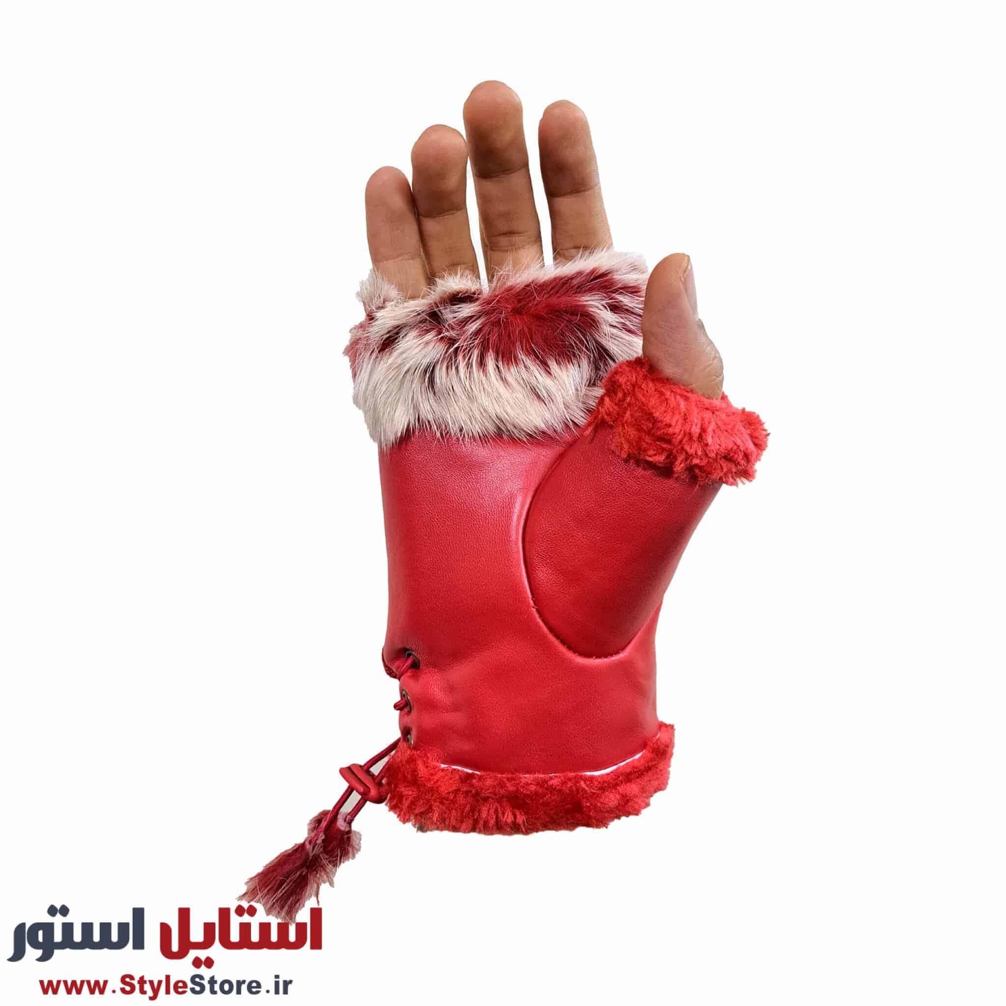 دستکش زنانه مدل نیم انگشتی خز دار کد 1063 رنگ قرمز — تصویر ۲