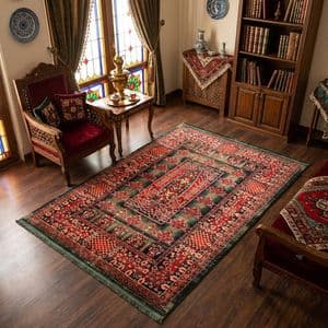فرش ماشینی 500 شانه زمینه سبز حاشیه لاکی طرح درختی کد 66100