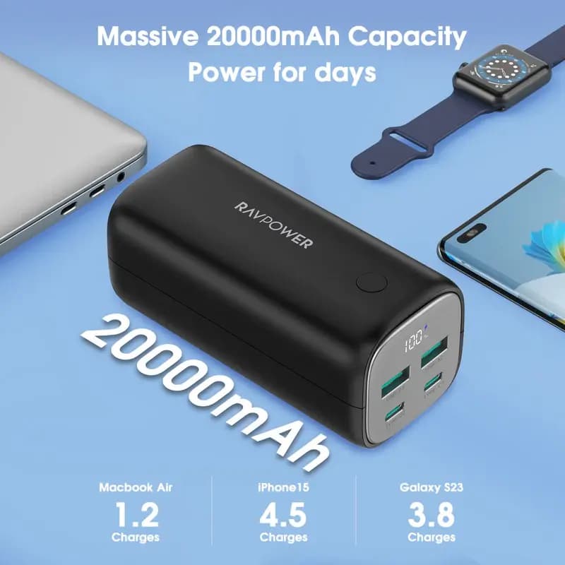 پاوربانک 20000 میلی آمپر راوپاور Ravpower PD Pioneer 20000mAh 70W RP-PB208PRO — تصویر ۳