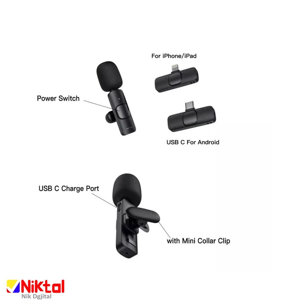 میکروفون بی‌سیم یقه ای دوگانه K9 | اتصال Type-C، انتقال صدا بدون تاخیر و با برد 20 متر — تصویر ۲