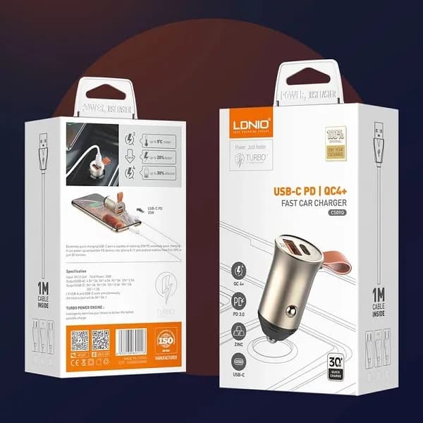 شارژر فندکی الدینیو مدل C509Q به همراه کابل USB-C