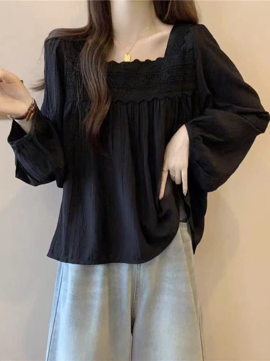 شومیز بلوز زنانه و دخترانه آستین بلند قلاب بافی نخ حریر کد 3895 — تصویر ۲