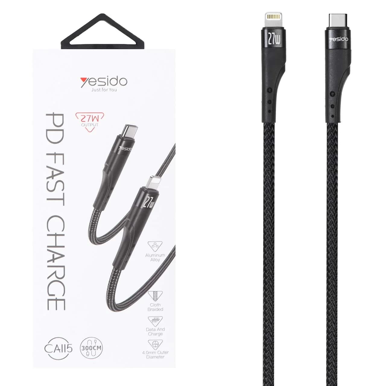 کابل شارژ 3 متری PD و فست Yesido Type-C To Lightning مدل CA115 27W – مشکی (گارانتی 18 ماه تعویض نیکان همراه)