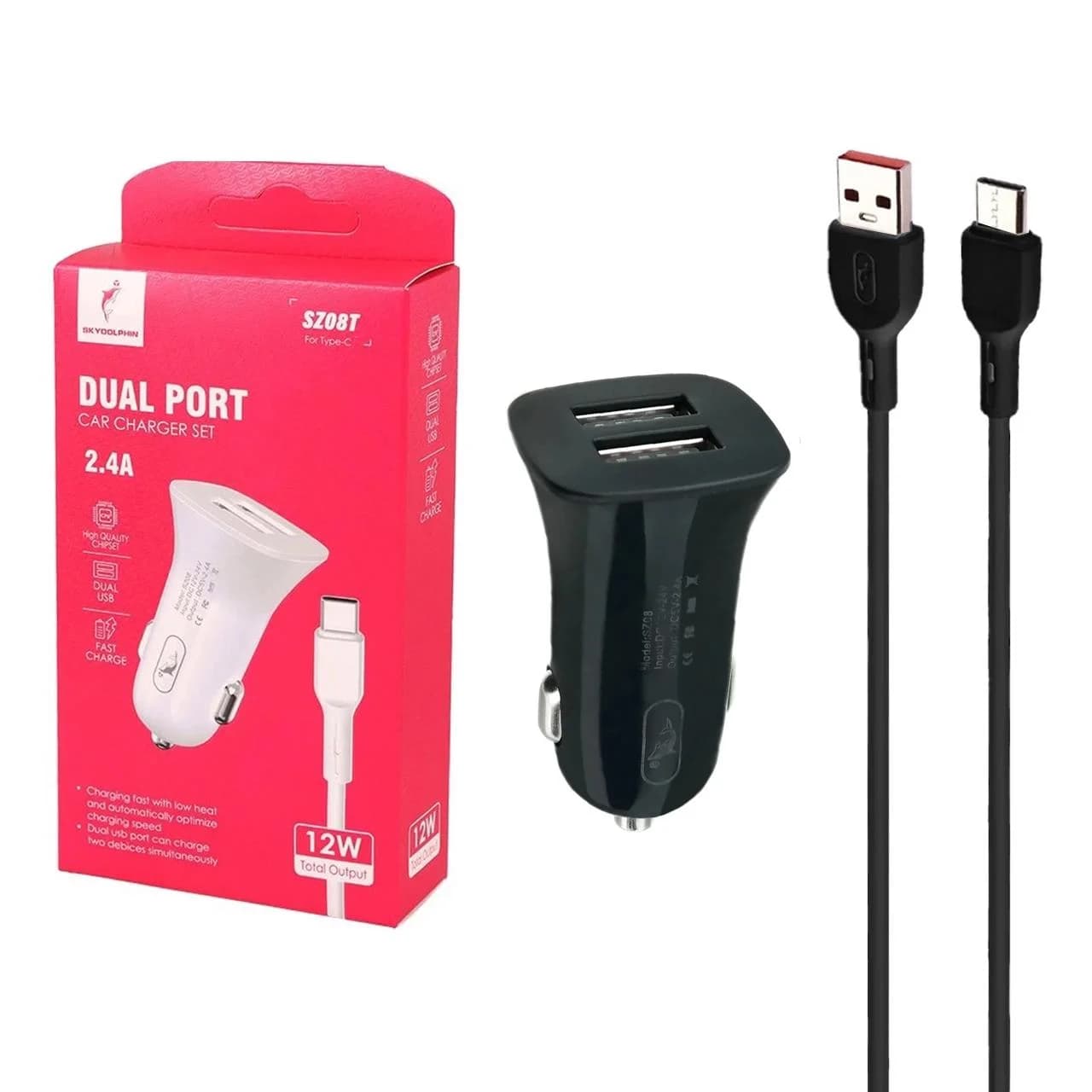 شارژر فندکی فست دو پورت SKY DOLPHIN مدل SZ08T 12W به همراه کابل شارژ Type-C – مشکی – ASP (گارانتی شش ماهه آروین)