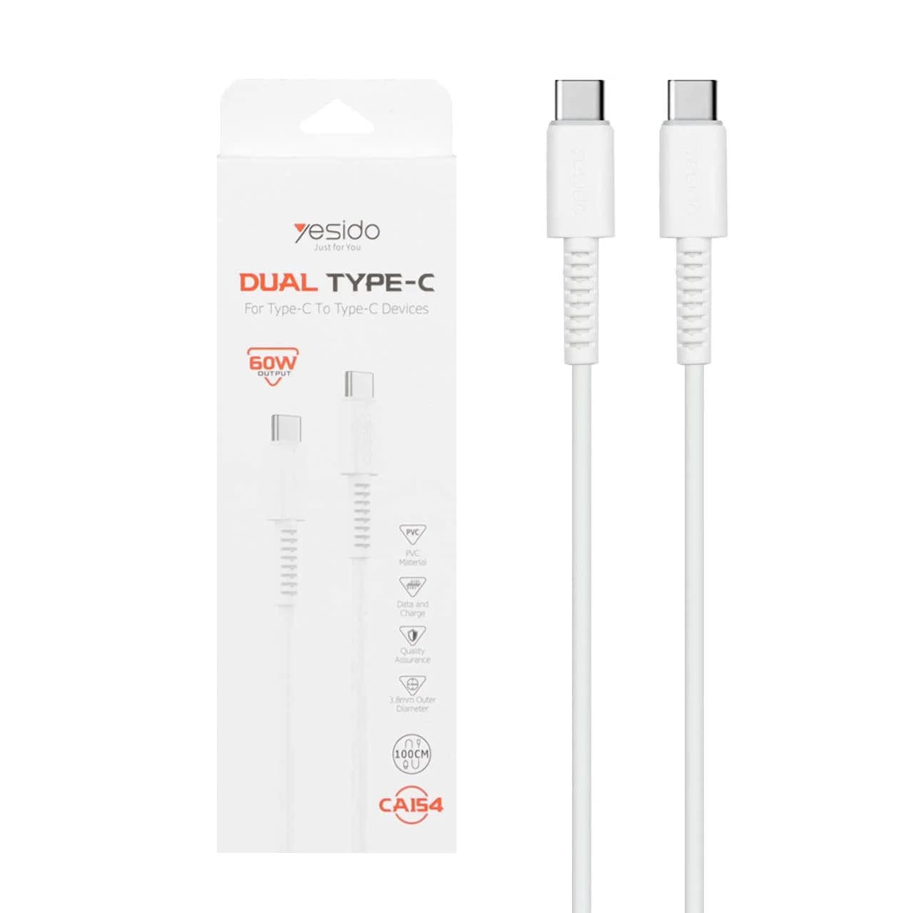 کابل شارژ فست Yesido Type-C to Type-C مدل CA154 – سفید (گارانتی 18 ماه تعویض نیکان همراه)