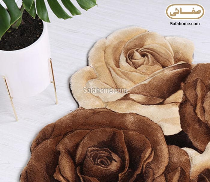 فرش سه بعدی زرباف طرح رز مینیاتوری مستطیل شکلاتی — تصویر ۲