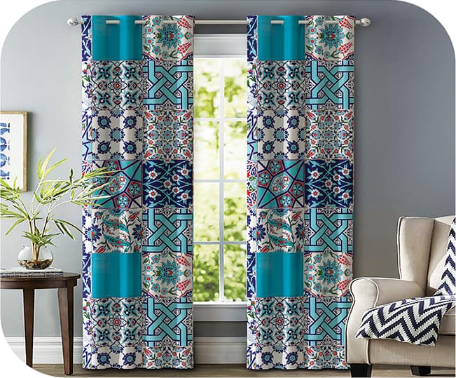 پرده چاپی سنتی آبی + طرح نقوش رنگی – هازان داتیس کد S420