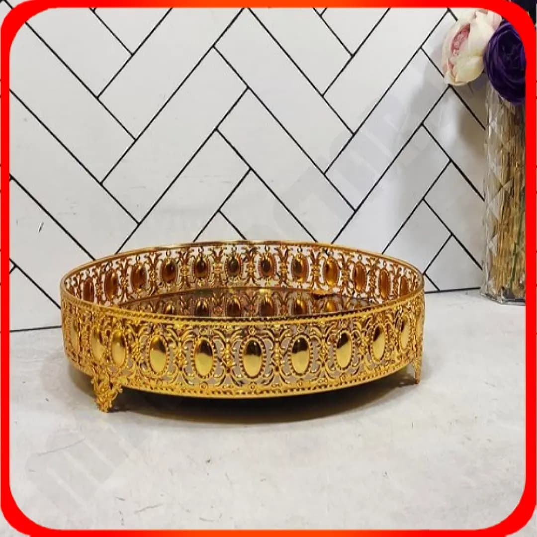 سینی گرد کف آینه طلایی نگین درشت خاتم