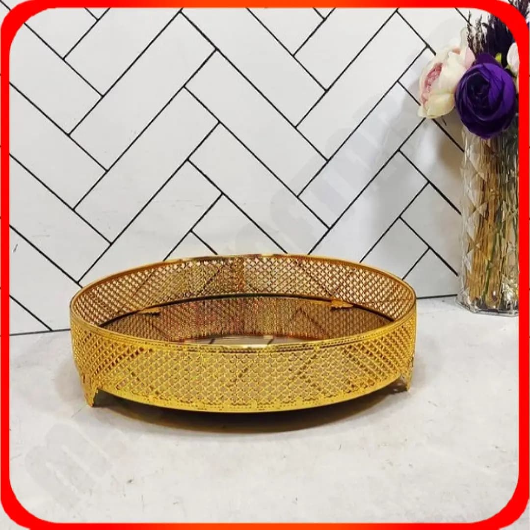 سینی گرد کف آینه طلایی کندو خاتم
