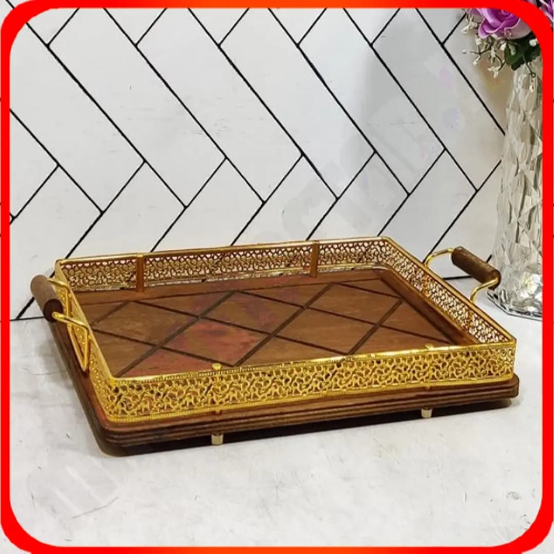 سینی کف چوب مستطیل کلاسیک تسمه ای طلایی خاتم