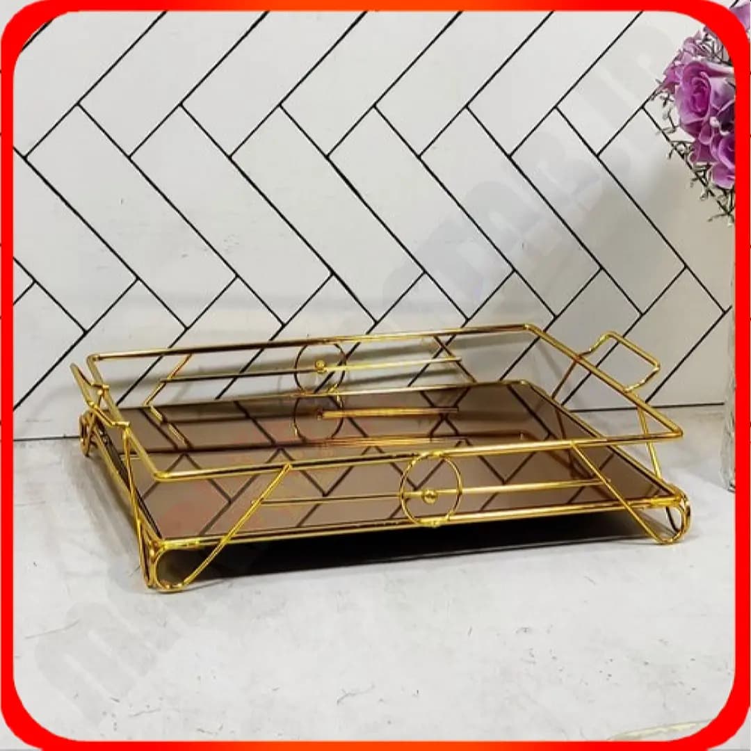 سینی مستطیل کف آینه پایه دار طلایی خاتم