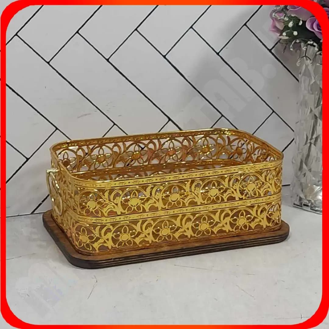 سبد آجیل طلایی کف چوب آینه ای خاتم