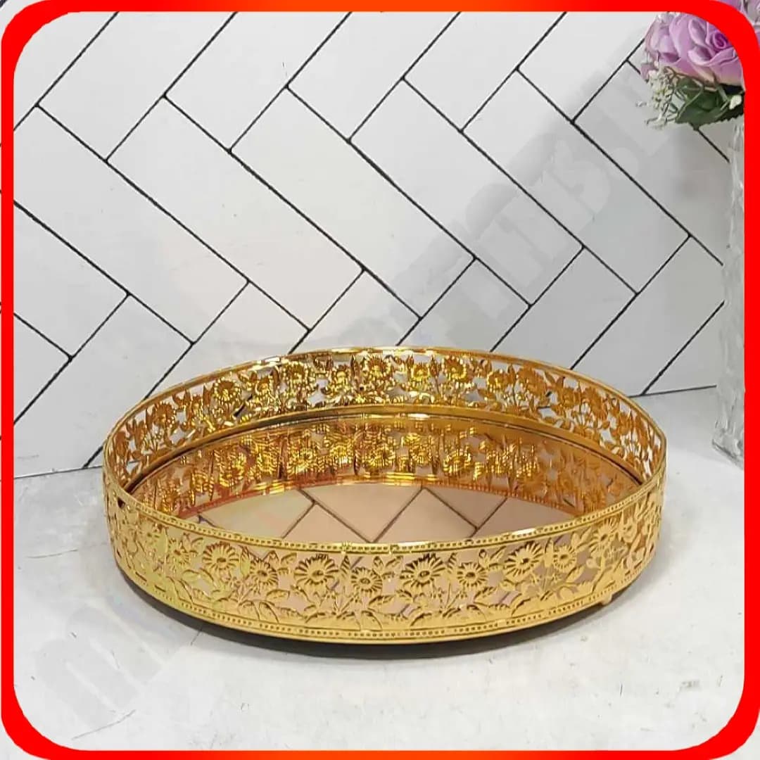 سینی گرد کف آینه طلایی آفتاب خاتم