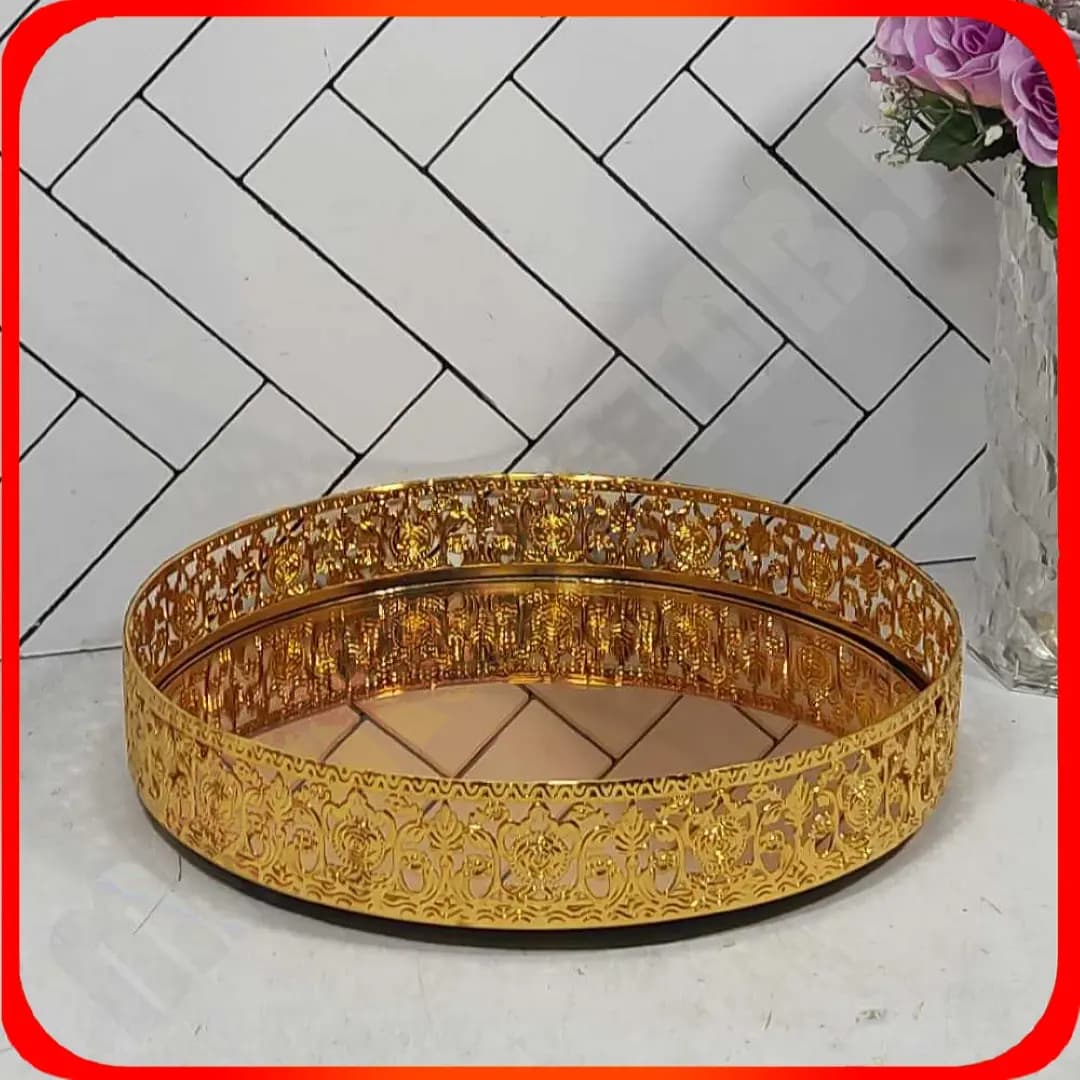 سینی گرد کف آینه طلایی رز خاتم