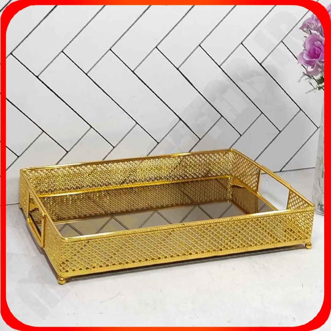 سینی مستطیل کندو آینه ای طلایی خاتم