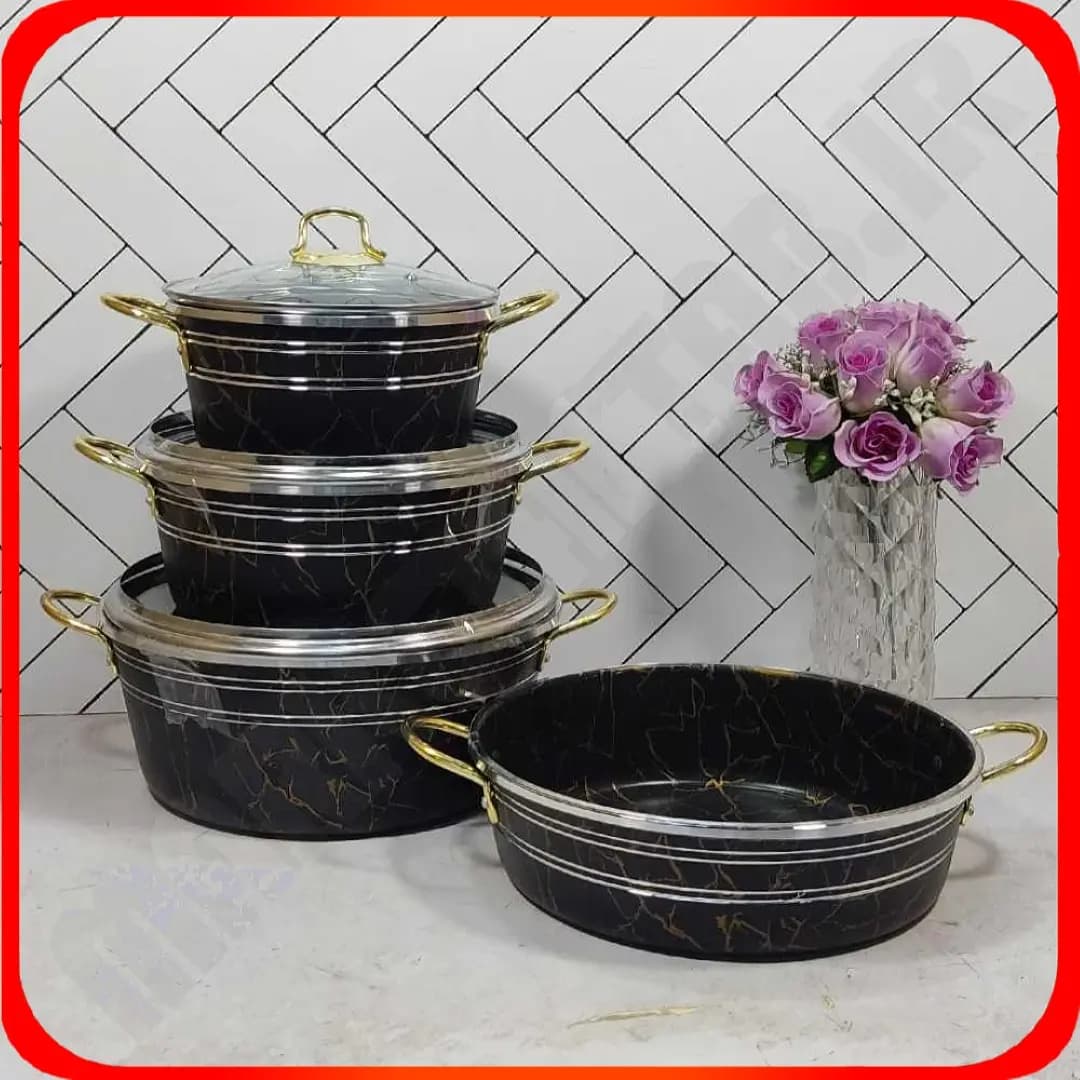 سرویس قابلمه 7 پارچه ماربل دسته طلایی درب پیرکس زومبا