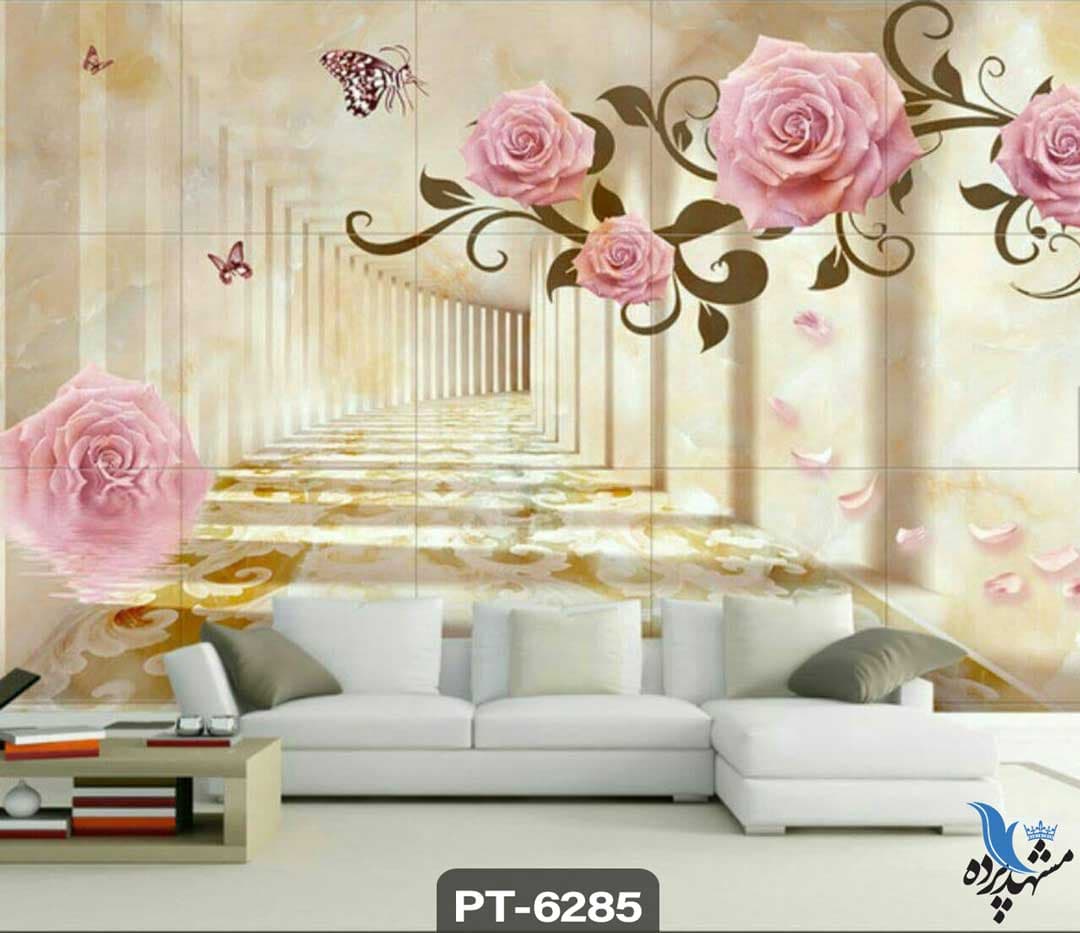 پوستر دیواری طرح گل صورتی و دالان سه بعدی کد PT6285