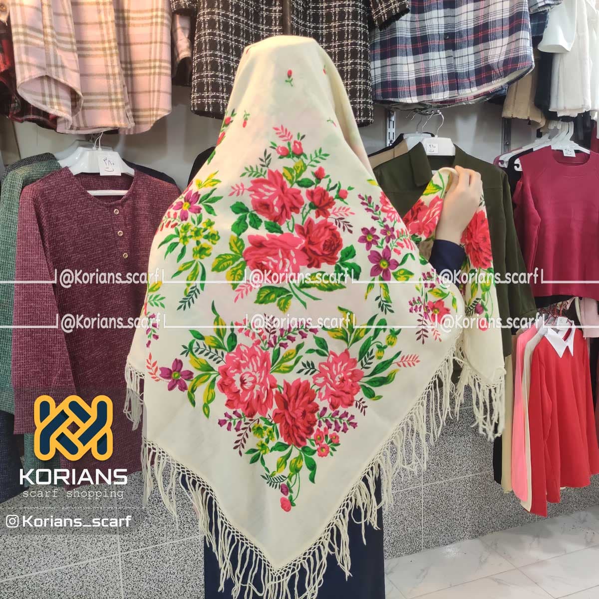 روسری ترکمن پشمی کرمی Rw21975 — تصویر ۲