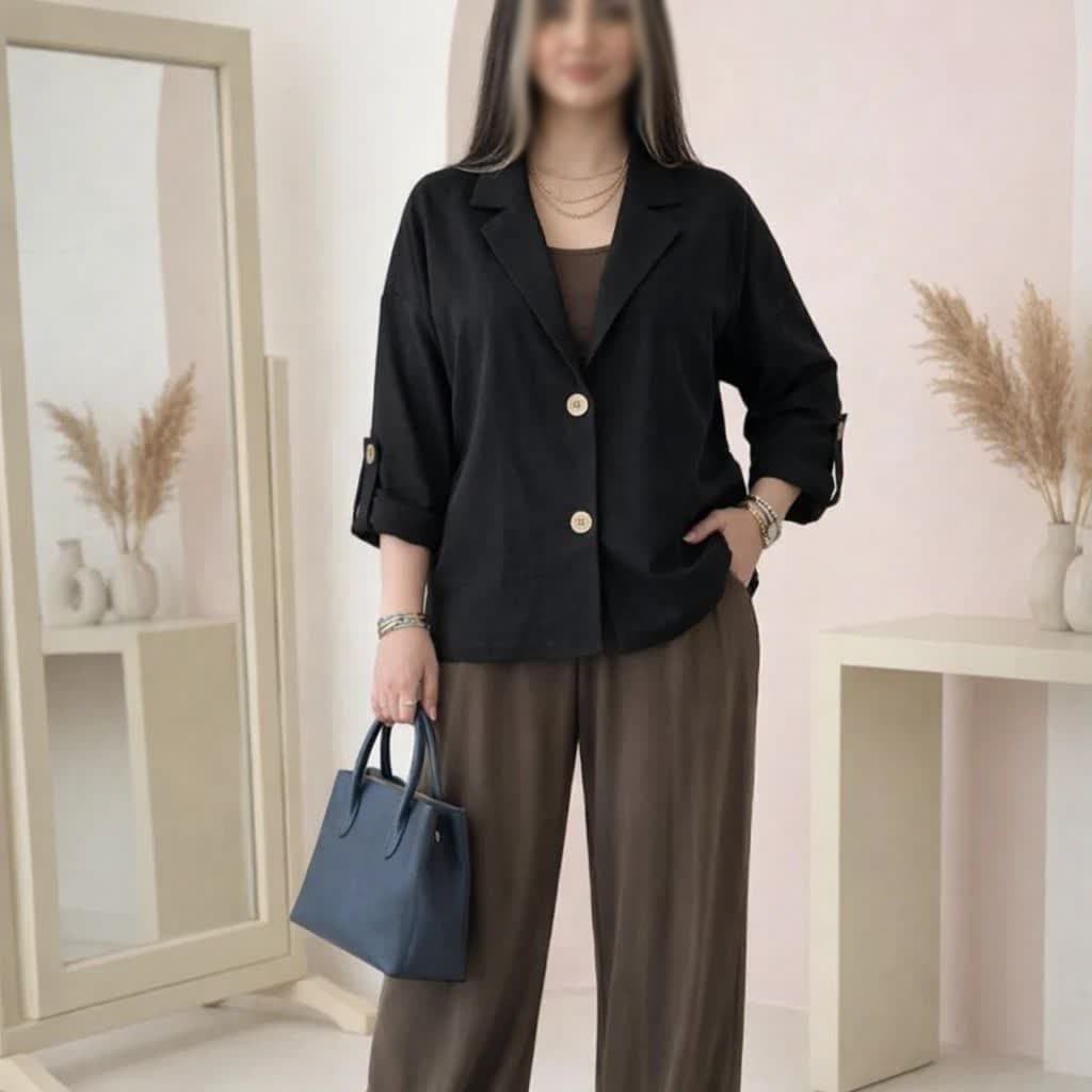 کت باکسی یقه انگلیسی خنک مشکی زنانه – کد 51 — تصویر ۷