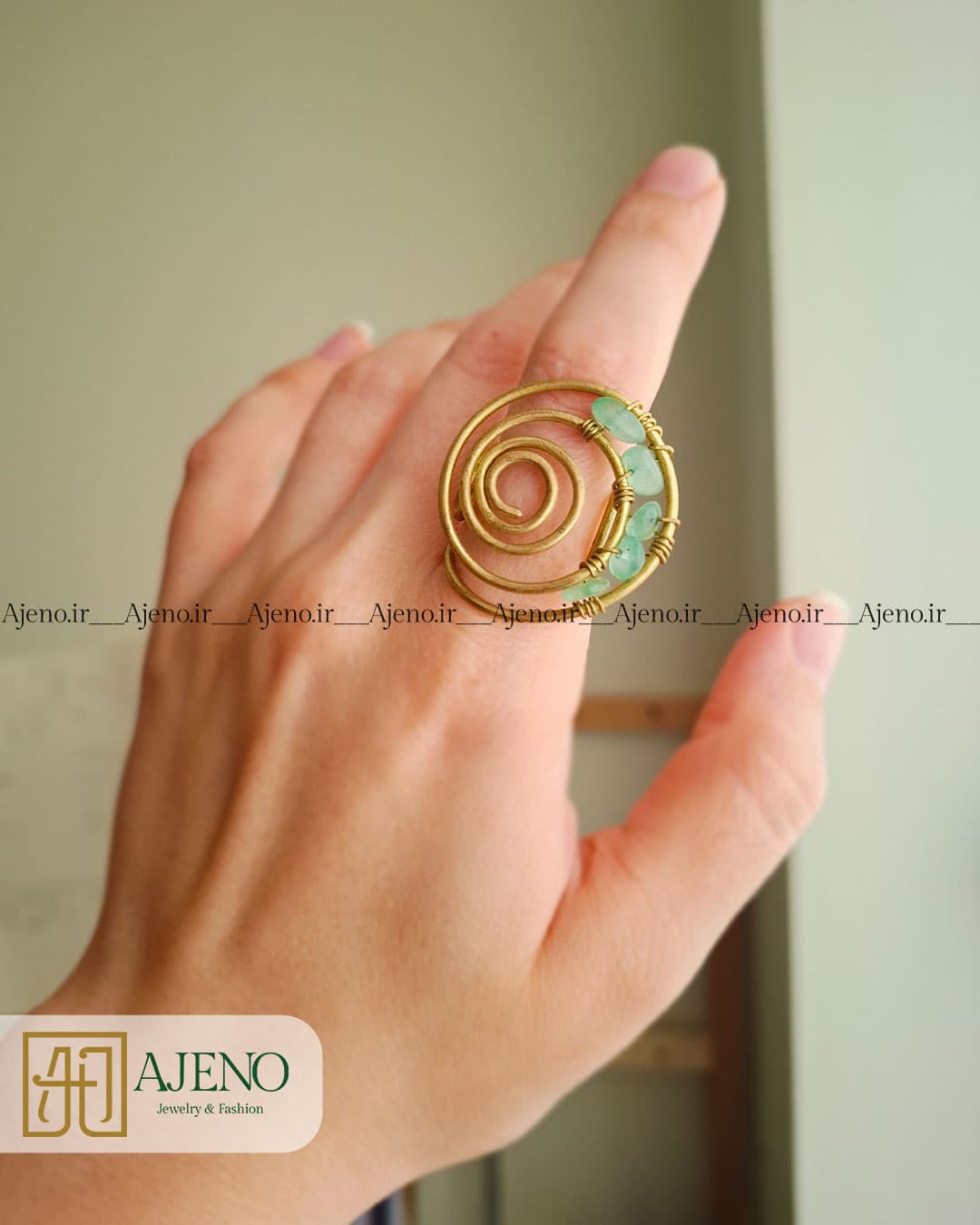 انگشتر سنگ آونتورین اصل طرح پیچش سبز