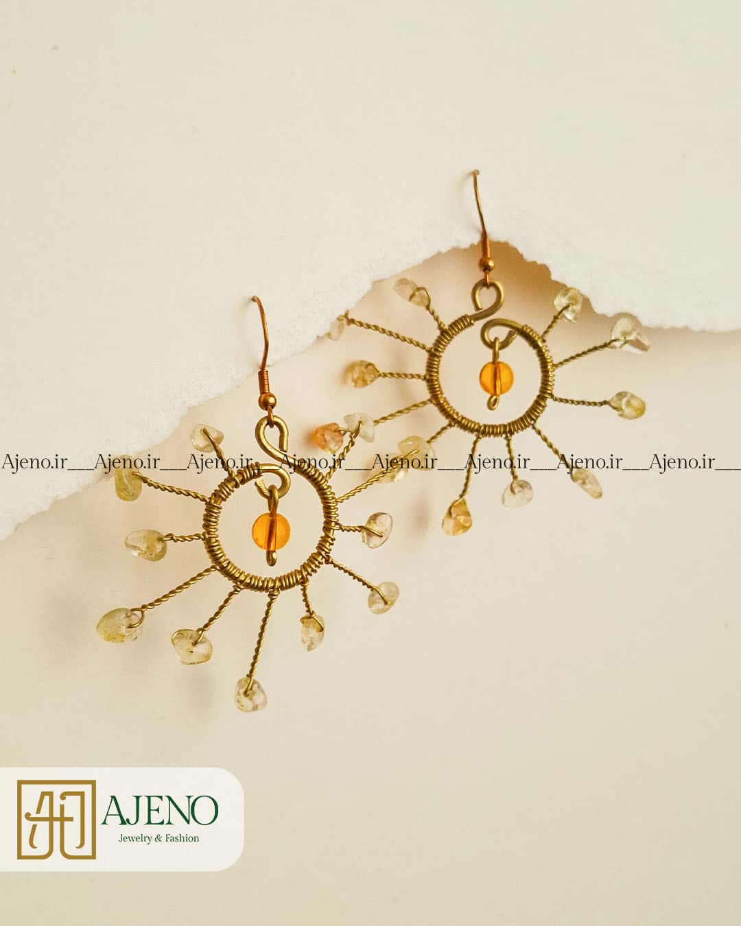 گوشواره سنگ سیترین اصل طرح خورشید — تصویر ۴