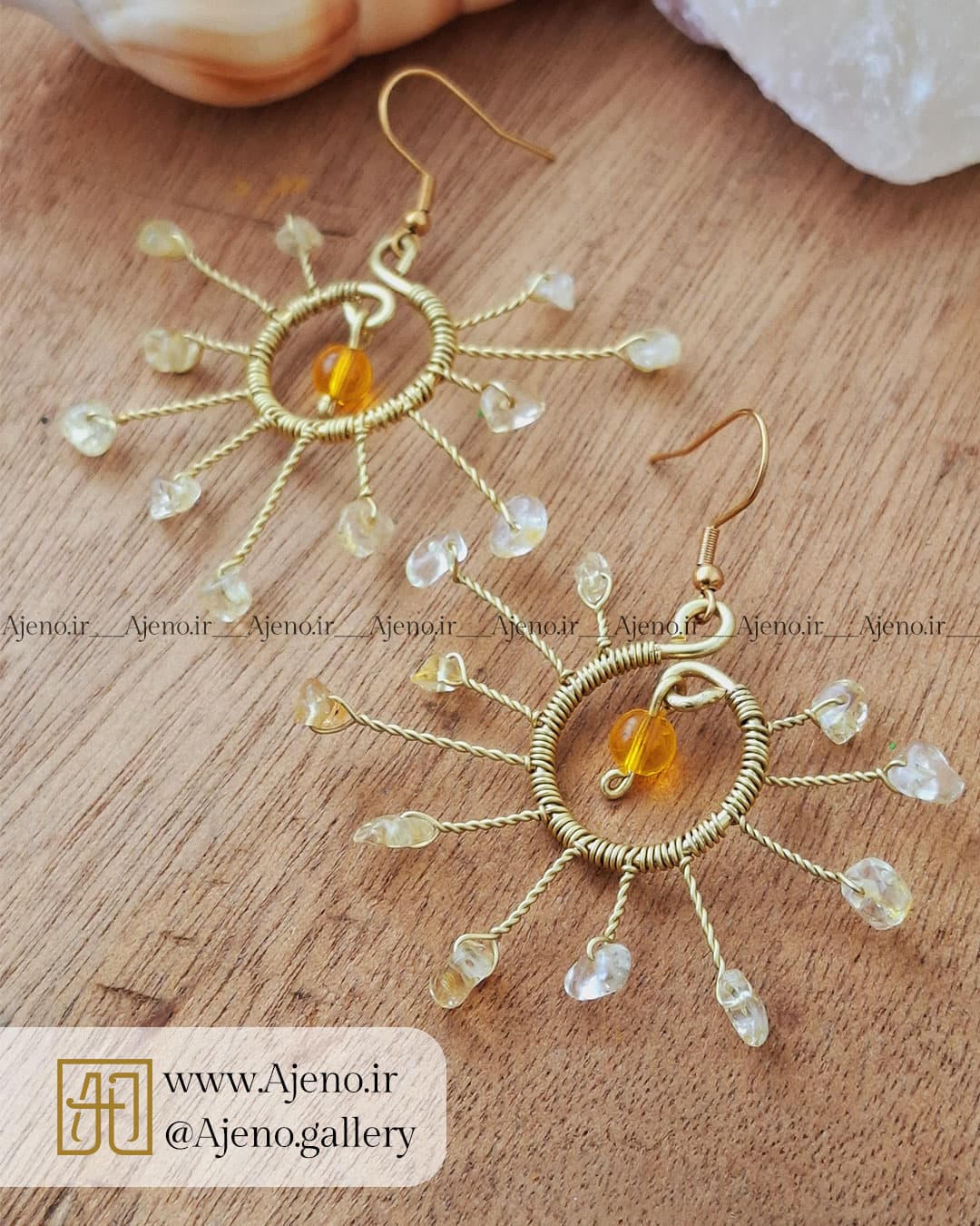گوشواره سنگ سیترین اصل طرح خورشید — تصویر ۲