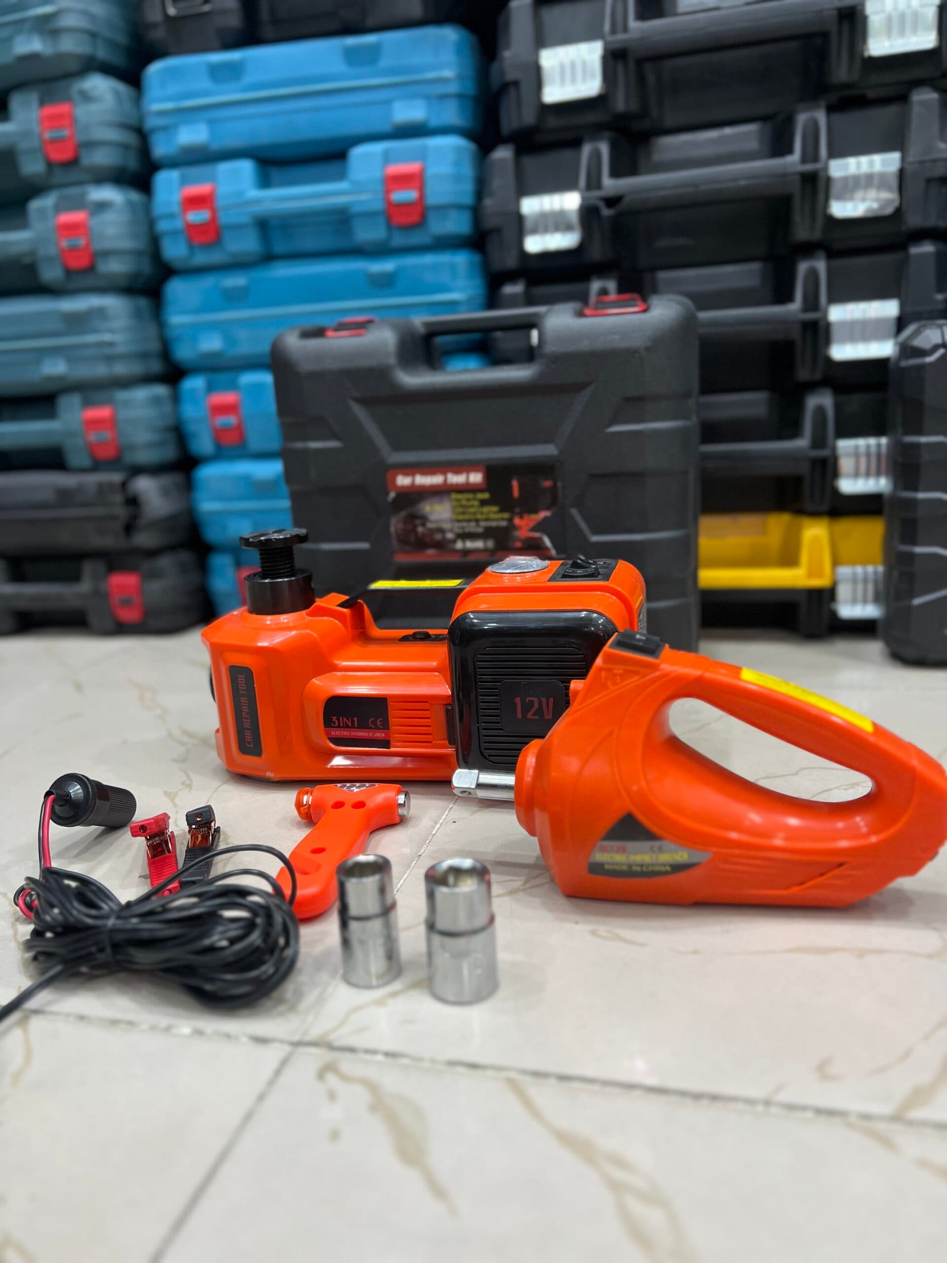 پک کامل آپاراتی جک پمپ باد و بکس فندکی مدل G-Z 3-in-1 Car Repair Tool Kit — تصویر ۳