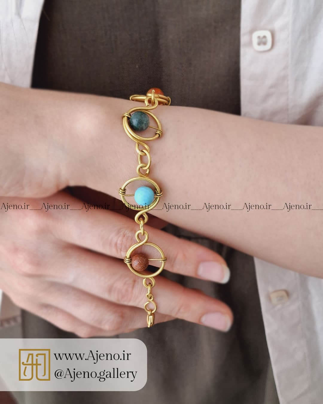دستبند سنگ اصل ترکیبی طرح زنجیره طلایی