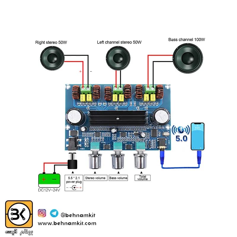 ماژول آمپلی فایر بلوتوثی ساب دار XH-A305 قدرت 50+50 وات + 100 وات ساب ووفر — تصویر ۵