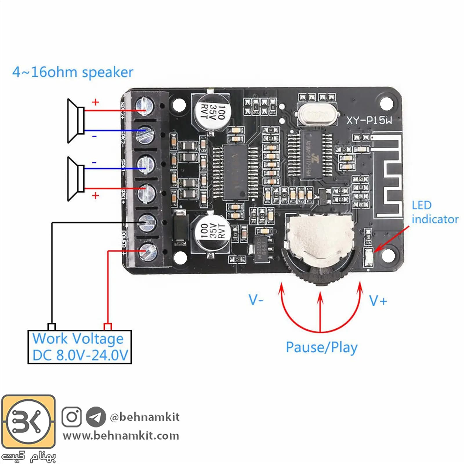 ماژول بلوتوث آمپلي فاير دار XY-P15W Stereo 10~15 W 8~24V — تصویر ۵