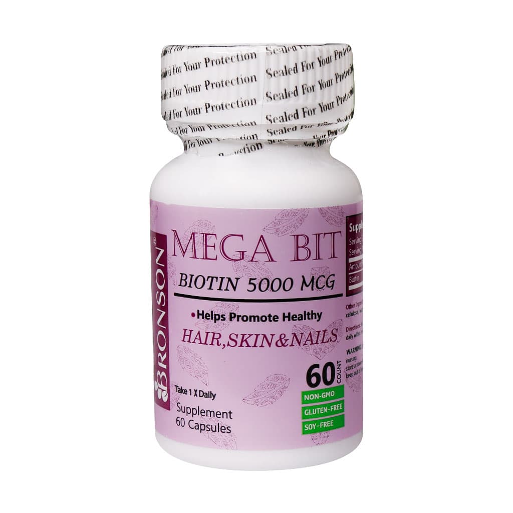 کپسول بیوتین مگابیت 5000 میکروگرم برونسون 60 عدد Bronson Biotin Mega Bit 500 Mcg 60 Capsules