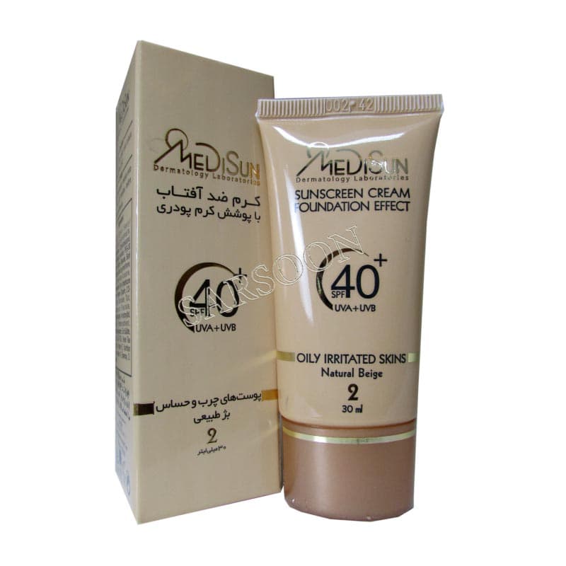 کرم ضد آفتاب با پوشش کرم پودر مدیسان مناسب پوست های چرب و حساس بژ طبیعی Medisun Cream Foundation For Oily And Irritated Skins 30 ml — تصویر ۲