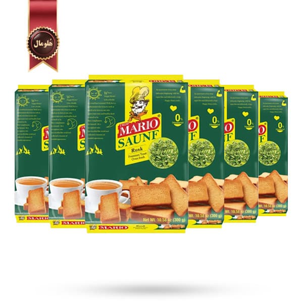 6 بسته نان سوخاری ماریو Mario rusk مدل رازیانه Saunf وزن 300 گرم (اورجینال)