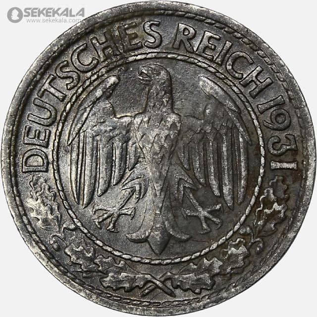 سکه 50 رایش فنیگ آلمان 1931 D (بسیار کمیاب) — تصویر ۲