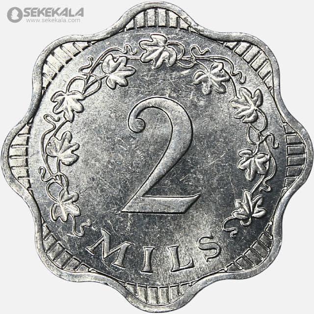 سکه 2 میل کمیاب مالت 1972 (+AU) — تصویر ۲