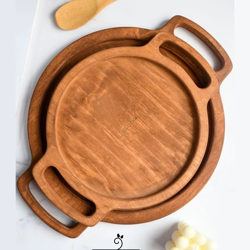 سینی چوبی دسته دار دایره | قابل شستشو، روغن خورده و مناسب پذیرایی — تصویر ۲