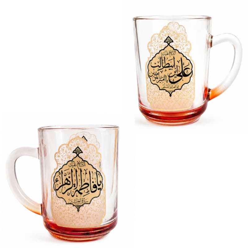 لیوان شیشه ای دسته دار طرح علی و فاطمه-ماگ شفاف استوانه ای مذهبی قطر دهانه 7 ارتفاع 9سانت کد 104891