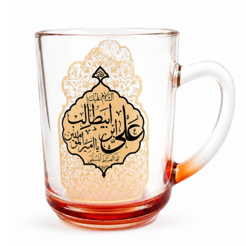 لیوان شیشه ای دسته دار طرح علی و فاطمه-ماگ شفاف استوانه ای مذهبی قطر دهانه 7 ارتفاع 9سانت کد 104891 — تصویر ۳