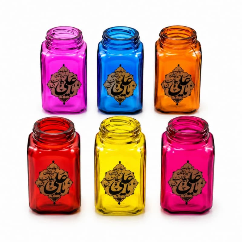 گلدان کوچک شیشه ای مربعی مذهبی رنگ های مختلف طرح علی ولی الله قطر 5 ارتفاع 9سانت کد 10422110 — تصویر ۳