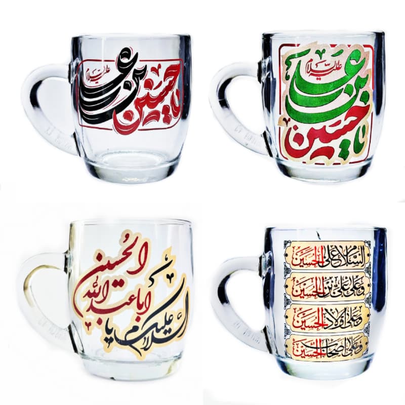 نیم لیوان شیشه ای دسته دار طرح های حسینی و محرم و اربعین-نیم ماگ شفاف مذهبی قطر دهانه 7 ارتفاع 8 سانت کد 104837