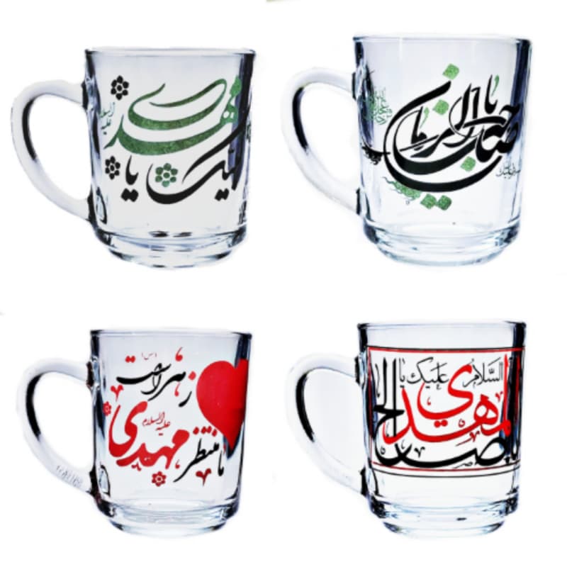 نیم لیوان شیشه ای دسته دار طرح مهدوی و امام زمان عج-نیم ماگ شفاف مذهبی قطر دهانه 6 ارتفاع 8 سانت کد 104836