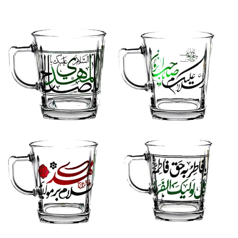 لیوان شیشه ای دسته دار طرحهای متنوع مهدوی-ماگ شفاف مذهبی کف مربعی قطر دهانه 8ارتفاع 9سانت کد 104835
