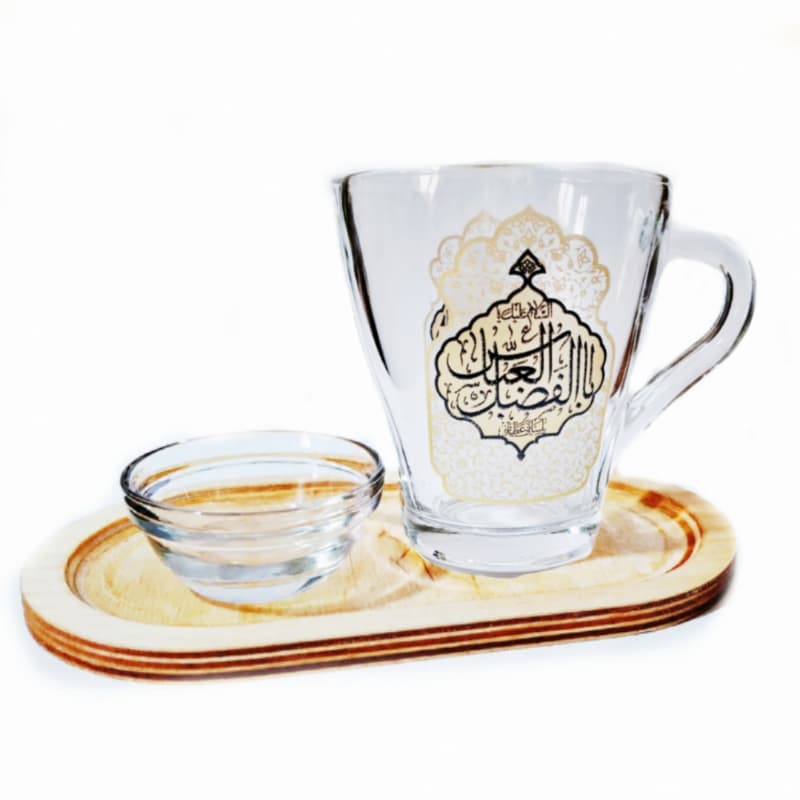 سرویس سه پارچه لیوان و قندان بلوری و سینی چوبی طرح یا حسین ع و یا عباس ع-پامنبری هیئت-ست مداح کد 104787