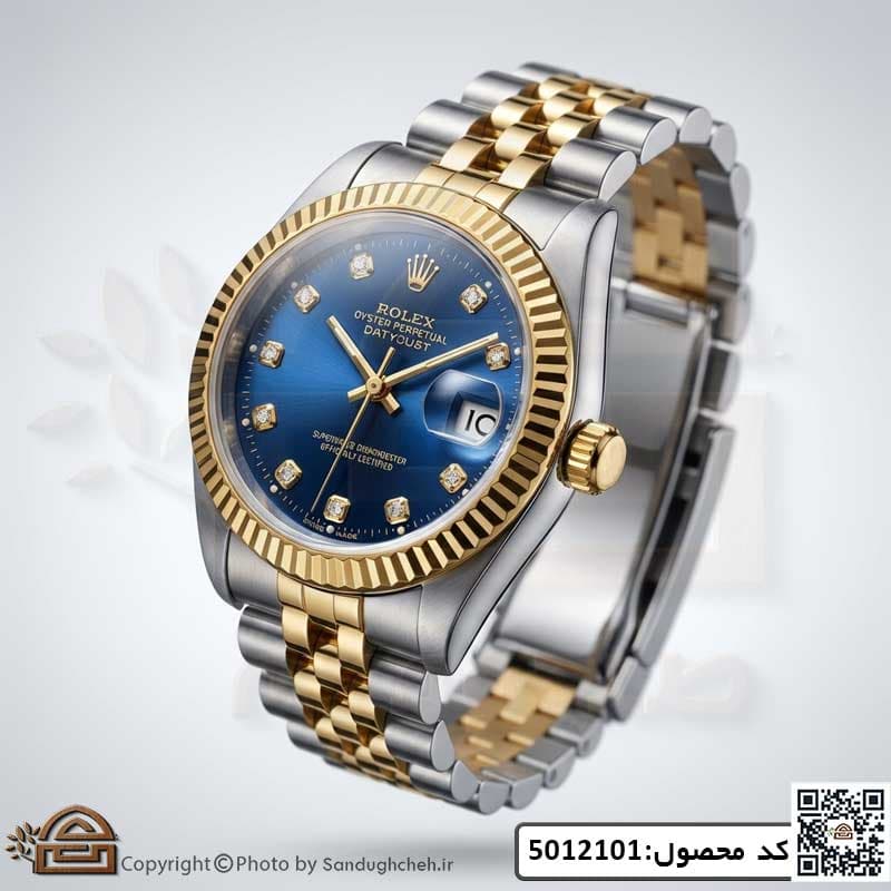 ساعت مچی رولکس مردانه نقره ای طلایی صفحه آبی کد 5012101
