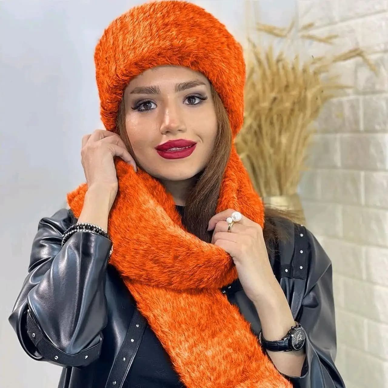 ست شال و کلاه روسی (نارنجی) کد 4759